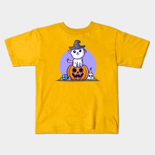 Cute Witch Cat Sitting Pumpkin Halloween Cartoon Vector Icon Illustration Kids T-Shirt